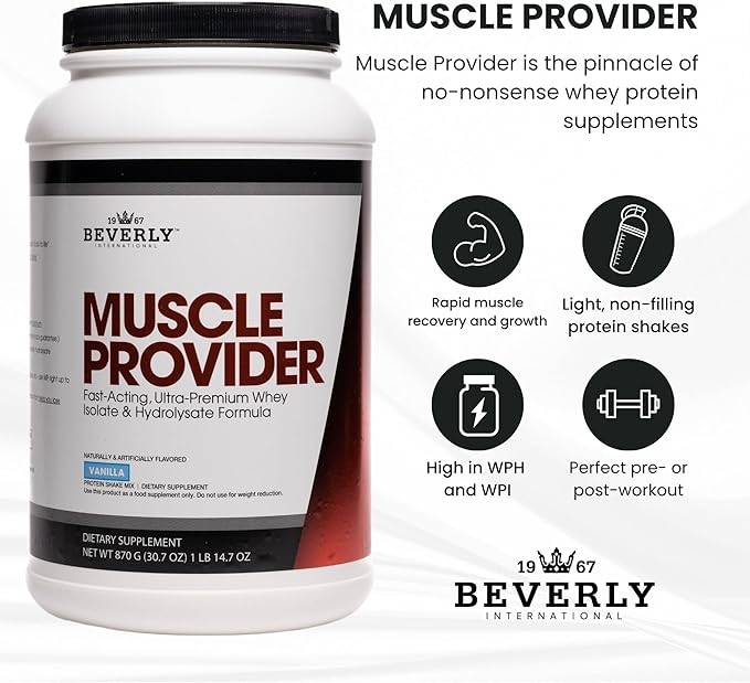 Beverly International Muscle Provider 28 Servings Vanilla. Super-Fast-Absorbing Whey Protein Powder for Recovery Lean Muscle. Fills Your Muscles not Your Stomach. Tastes Like Ice Cream