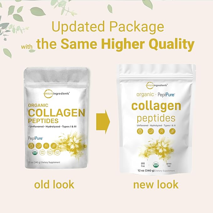 Micro Ingredients Collagen Peptides Powder Organic 12oz | Type I &amp III + Natural Protein | Grass-Fed Bovine Source | Unflavored | Supports Skin Joint &amp Bone Health | Paleo Non-GMO
