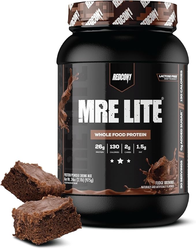 REDCON1 MRE LITE Whole Food Protein Powder Fudge Brownie - Lactose Free &amp Sugar Free Meal Replacement with Animal Protein Blends - Easy to Digest Formula - Only 2g Carb per Serving (30 Servings)