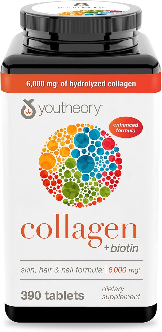 Youtheory Collagen + Biotin - Advanced Collagen Supplement - with Hydrolyzed Peptides Vitamin C &amp Vitamin B - Supports Hair Growth Nail Health &amp Skin - 390 Tablets