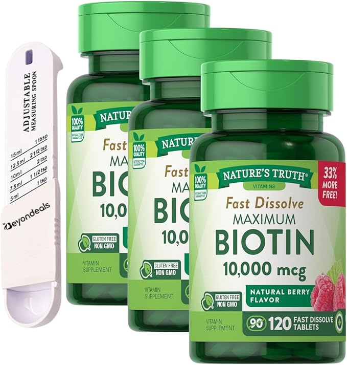 Nature's Truth Biotin 10000 Mcg Supplement for Hair Growth 120 Fast-Dissolve Biotin Supplement Bundled Plastic Measuring Spoon - Vegetarian Non-GMO Berry Flavored [Pack of 3]