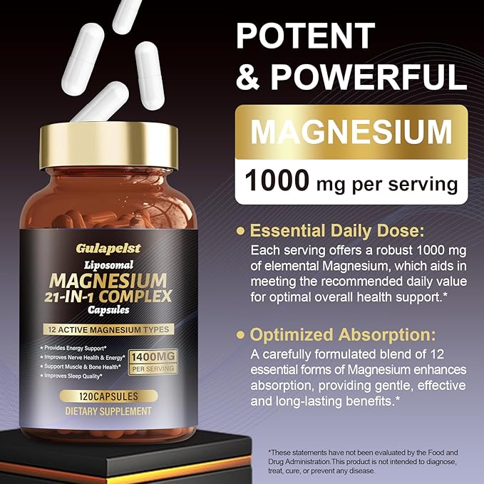 2 Packs Liposomal 1400mg Magnesium Complex (Citrate Glycinate Malate etc) Capsule - 12 Active Types Magnesium with Vitamin D3 B6 B12 C Ashwagandha &amp CoQ10 for Women &amp Men -Support Bone &