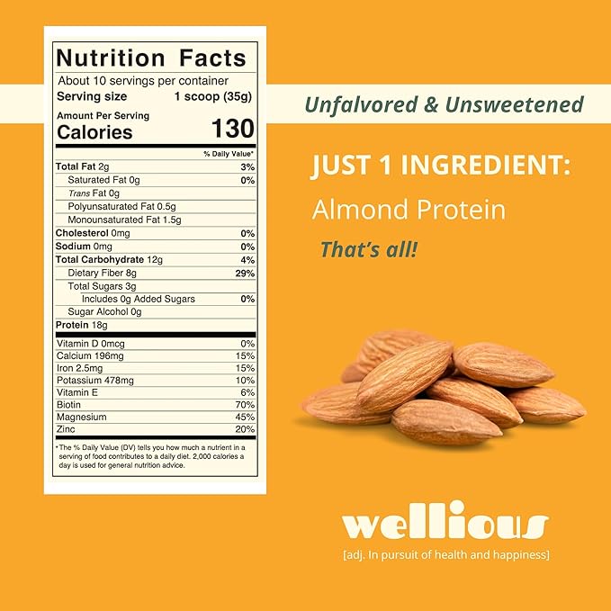 wellious Almond Protein Powder (Unflavored Unsweetened) - 18 Grams of Pure Healthiest Vegan Protein for Women &amp Men | Gluten-Free Soy-Free &amp Gut Friendly Protein Powder for Sports Nutrition