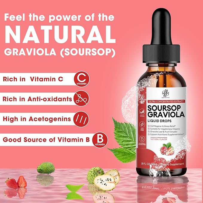 iMATCHME Soursop Graviola Liquid Drop for Cell Support &amp Regeneration Immune System and Gut Health Support Soursop Bitters Liquid Herbal Goodness Sugar/Gluten Free Strawberry Flavor 2 Fl Oz