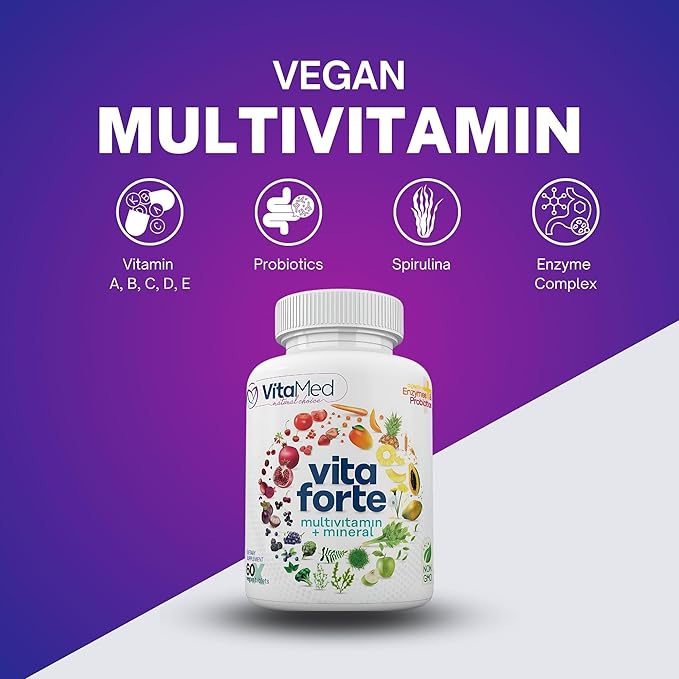 Vita Forte Vegan Multivitamin with Probiotics Digestive Enzymes &amp 42 Fruits &amp Vegetables – Halal Certified Non-GMO Gluten-Free Daily Energy &amp Immune Support – 60 Vegan Tablets