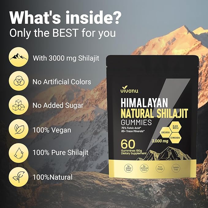 Shilajit Gummies with Ashwagandha &amp Gokshura | 85+ Trace Minerals &amp Fulvic Acid | Organic Non-GMO Micronutrient Supplement for Men &amp Women | 100% Pure &amp Natural