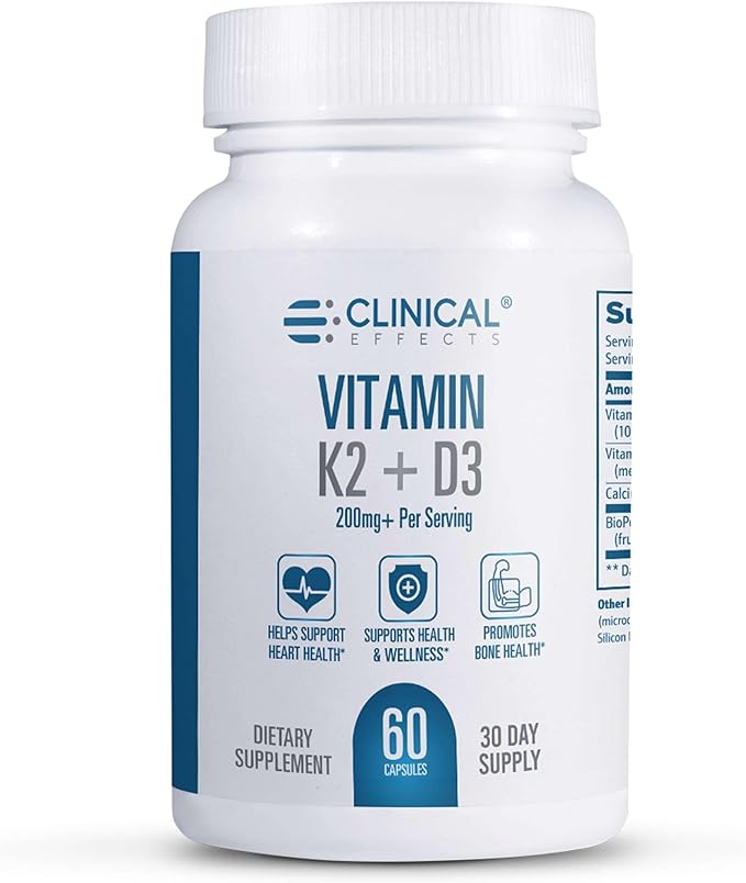 Clinical Effects Vitamin K2 + D3 - K2 + D3 Vitamin Supplement with Bioperine Black Pepper Extract and Calcium for Bone and Heart Health Support - 60 Capsules - Max Absorption - Made in The USA