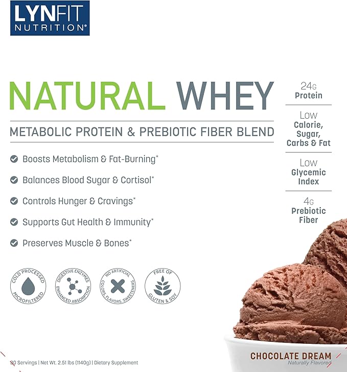 Metabolic Boosting Natural Whey Lactose &amp Sugar-Free Protein w/Prebiotic Fiber | Chocolate Bliss | 30 Servings