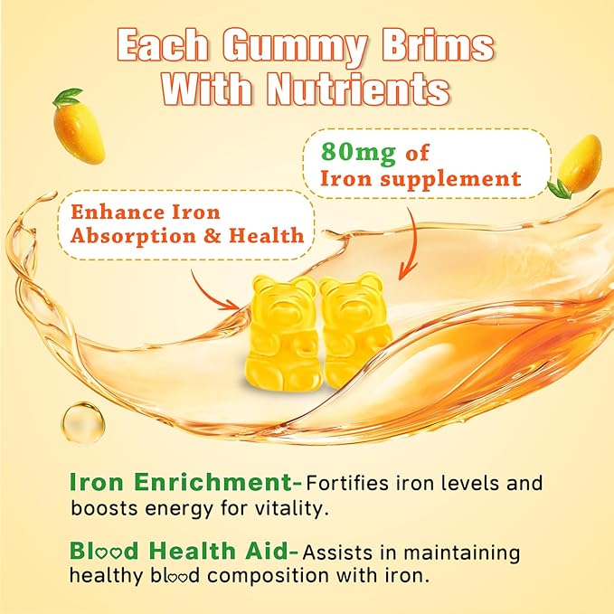 2 Pack Iron Gummies for Women &amp Men - Vegan Iron Supplement for Anemia &amp Iron Deficiency with Vitamin B12 Vitamin C Zinc Folate - Energy Boost Sugar-Free Mango Flavor 120 Count
