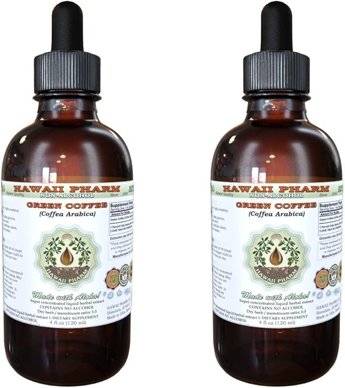 Hawaii Pharm Green Coffee Alcohol-Free Liquid Extract Green Coffee (Coffea Arabica) Dried Bean Glycerite Natural Herbal Supplement 2x2 oz