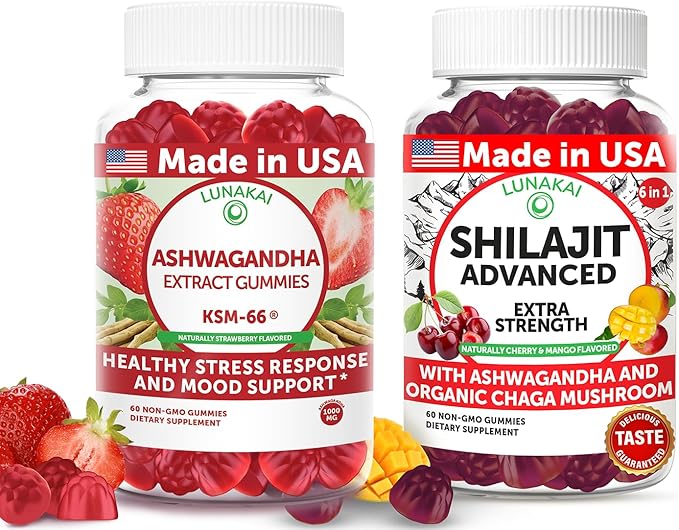 Lunakai USA Made Ashwagandha KSM-66 &amp Shilajit Advanced Gummies Bundle – Mood Balance &amp Adaptogen Support – 60 Non-GMO Gummies Each