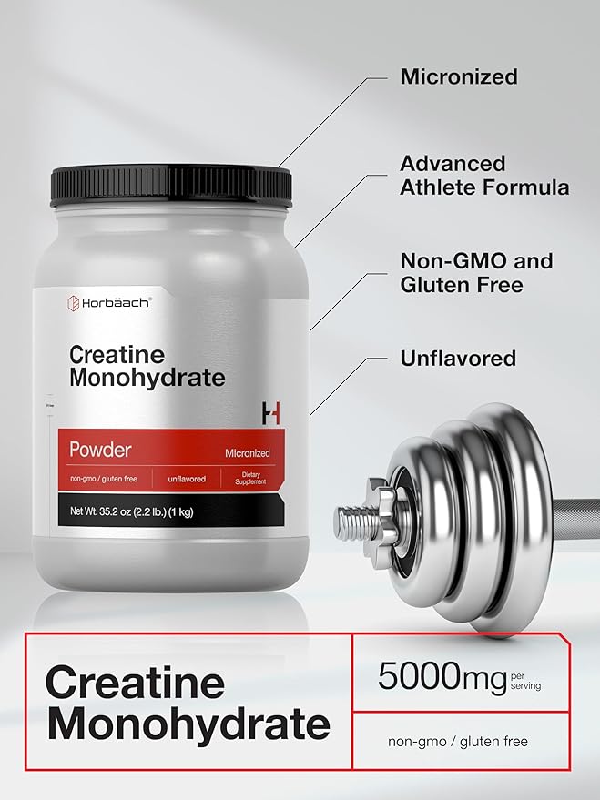 Horbäach Creatine Monohydrate Powder | 2.2lbs (35.2 oz) | Micronized and Unflavored | Vegetarian Non-GMO and Gluten Free Supplement