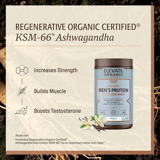 Men’s Whey Protein Powder Vanilla Grass Fed A2 Regenerative Whey with KSM-66 Ashwagandha® &amp Acti Veda™ (22g Protein)