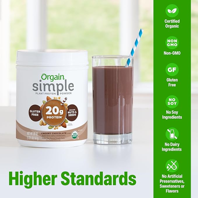 Orgain Organic Simple Vegan Protein Powder Chocolate - 20g Plant Based Protein Made with less Ingredients No Artificial Sweeteners Gluten Free No Dairy or Lactose 1.25 lb (Packaging May Vary)
