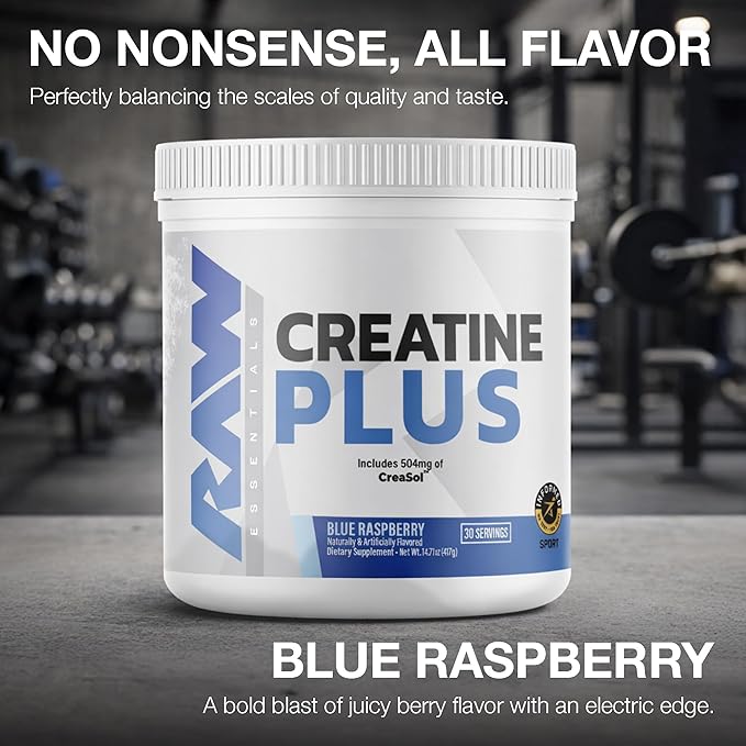 RAW Creatine Plus Creatine HMB Powder for Men &amp Women - Creatine Monohydrate Powder with HMB Taurine &amp No Added Sugar - Muscle Mass Growth Strength Building &amp Enhanced Energy - Blue Ras