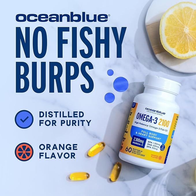 Oceanblue Professional Omega-3 2100mg Fish Oil Supplement Triple Strength High Potency EPA DHA &amp DPA Burpless Wild-Caught Natural Orange Flavor 120 Count Softgels (Pack of 2)