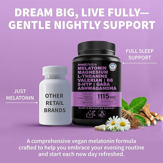 12-in-1 Melatonin Sleep Capsules - Natural Sleep Aids for Adults with Melatonin 5mg and Magnesium Glycinate 500mg Sleep Aid with Ashwagandha L Theanine Valerian Root GABA 5-HTP (90ct Pack of 4)