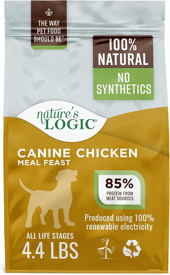 Nature's Logic Dry Dog Food - 100% Natural - No Synthetics - For All Ages Sizes Breeds - Free From Common Allergens High Protein - Chicken Meal Feast 4.4lbs