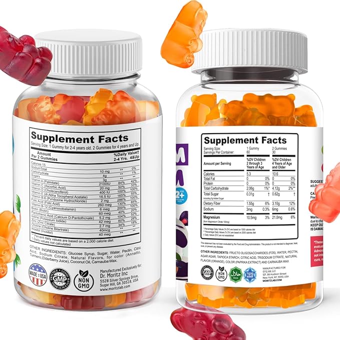 DR. MORITZ Kids Magnesium Gummies Orange Flavor (120 Count) and Kids Multivitamin Gummies (120 Count) - Relaxation &amp Health Support - Non-GMO Vegetarian Toddler Vitamins