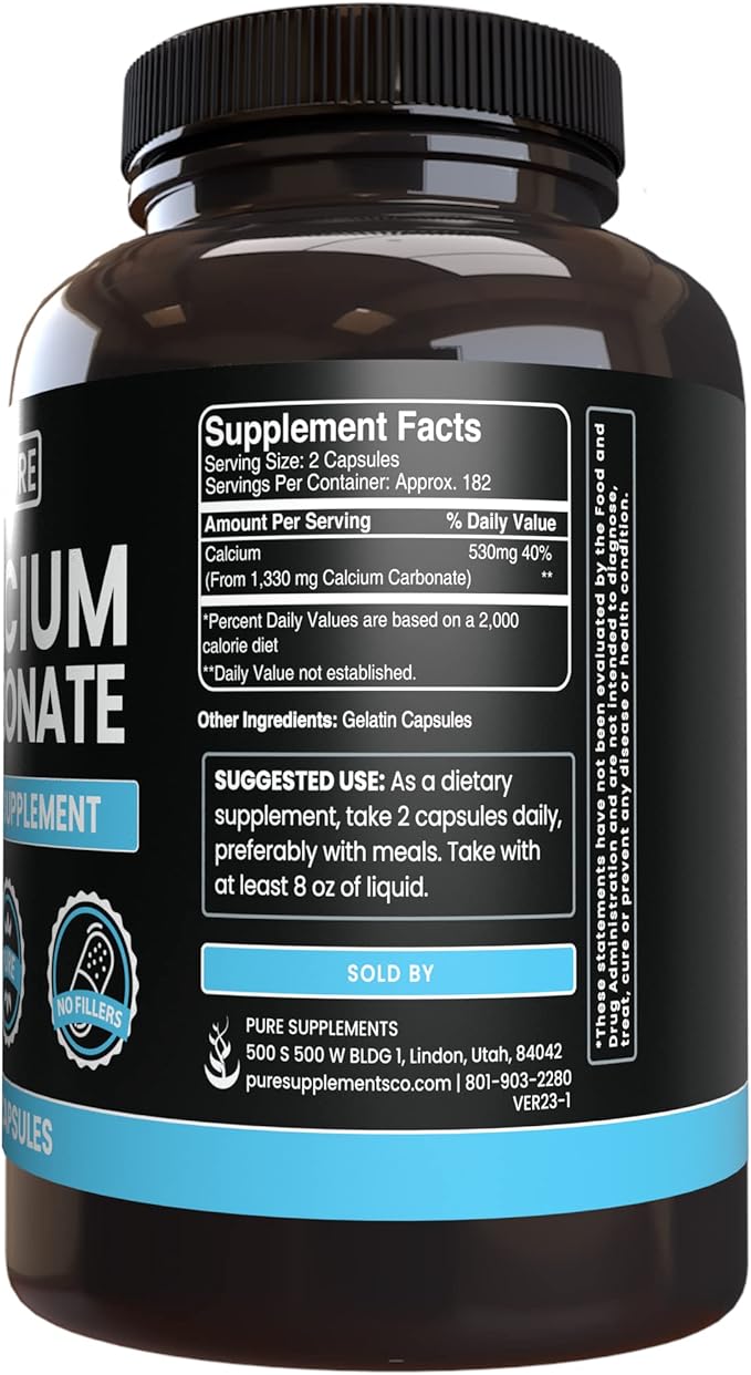 Pure Original Ingredients Calcium Carbonate and Magnesium Oxide Bundle 365 Capsules Each No Fillers Alwasy Pure