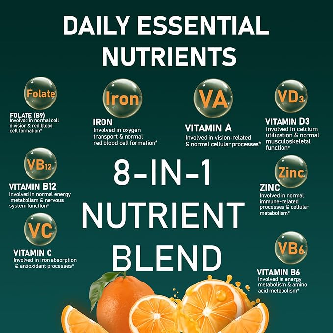Iron Gummies with Vitamin C B6 B12 and Folate - Gentle Ferrous Bisglycinate for Daily Nutrition - Orange Flavor - 60 Gummies