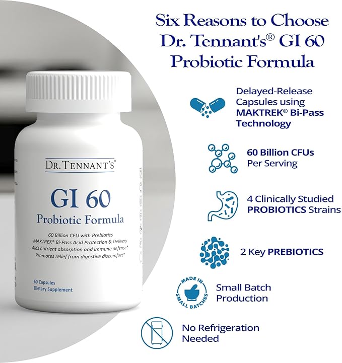 Dr. Tennant's Probiotic Formula with Prebiotics | 60 Billion CFUs | Time-Release Acid-Resistant Vegan Capsules | Gluten-Free Dairy-Free No Refrigeration Needed