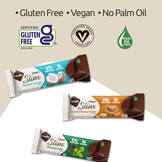 NuGo Slim 24ct Vegan Variety - Crunchy Peanut Butter 12 bars &amp Toasted Coconut 12 bars Low Net Carb Keto Friendly 16-17g Plant Based Protein Keto Friendly Gluten Free 24 count