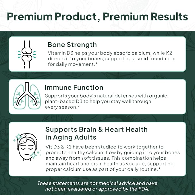 Organics Ocean Better D3 + K2-100% Organic VIT D3 and K2 Supplements with Maximum Bioavailability - Supports Bone Density Calcium Balance Immunity &amp Mood - 1-Pack 30-Day Supply