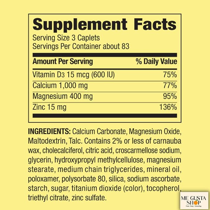 Spring Valley Calcium Magnesium &amp Zinc Plus Vitamin D3 Coated Caplets 250 Count (Pack of 2) 500count Total + me Gusta Sticker