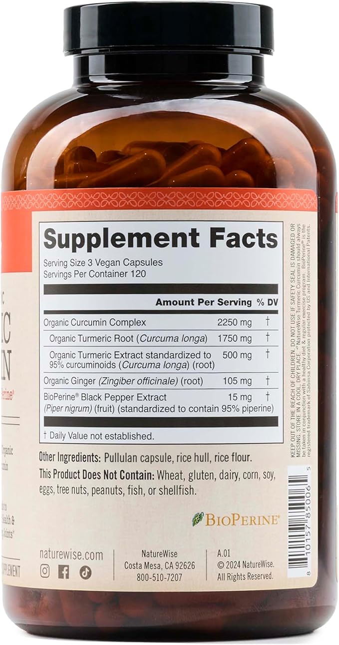 NatureWise Curcumin Turmeric 2250mg - 95% Curcuminoids &amp BioPerine Black Pepper Extract for Advanced Absorption - Daily Joint and Immune Health Support - Vegan Non-GMO 360 Count[120-Day Supply]