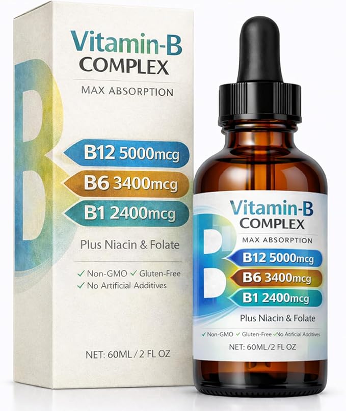 Vitamin B12 Complex Liquid Drops Sublingual B Complex with B12 B6 B1 Niacin &amp Folic Acid for Metabolic Health &amp Energy Support Vegan | Non-GMO | Gluten Free 60ml/2 fl oz 60 Servings (1
