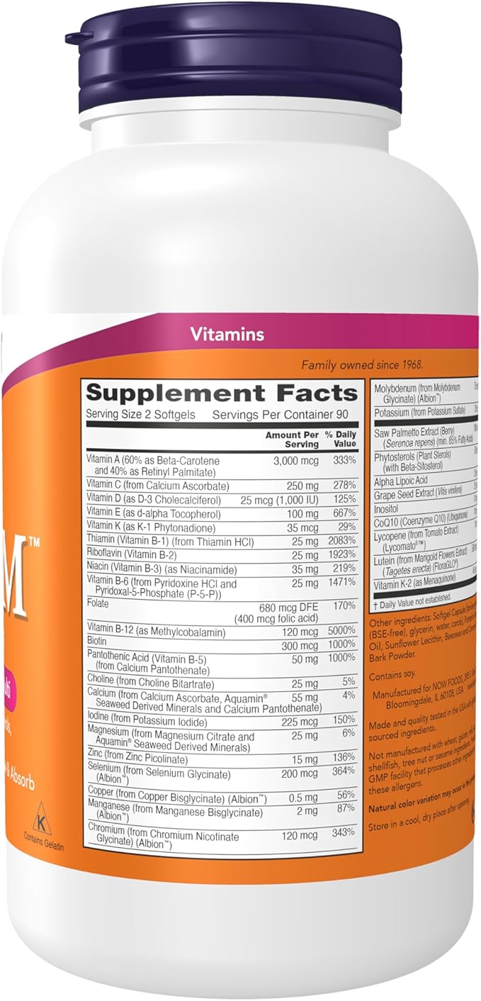 NOW Foods Supplements ADAM™ Men's Multivitamin with Saw Palmetto Plant Sterols Lycopene &amp CoQ10 180 Softgels