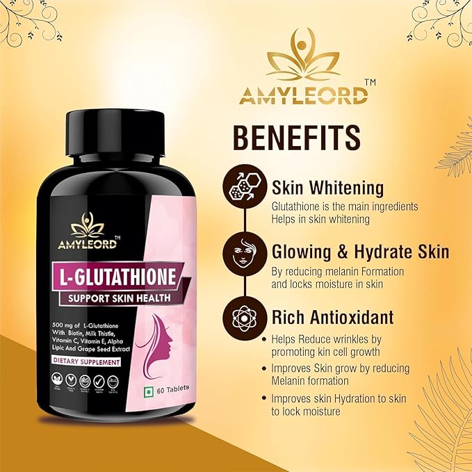 L - Glutathione Tablets 1000mg with Vitamin C Biotin Milk ThistleVitamin Extract for Help to Skin Glow - 60 Tablets