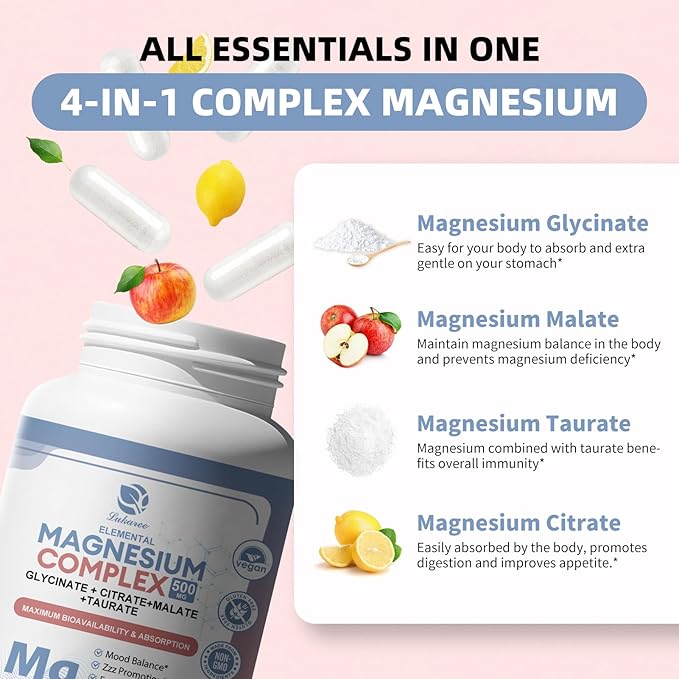 Magnesium Supplement 500mg Magnesium Glycinate Malate Taurate Citrate Complex &amp Herbal Extracts High Absorption Chelated 90 Vegan Non-GMO Capsules for Balanced Wellness and Relaxation