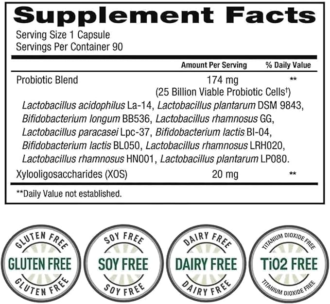 Women's Daily PROBIOTIC 90 Capsules 25 Billion Cells Vegetarian Probiotics for Digestive Health 90 Count 90 Day Supply Plus vsl Sticker