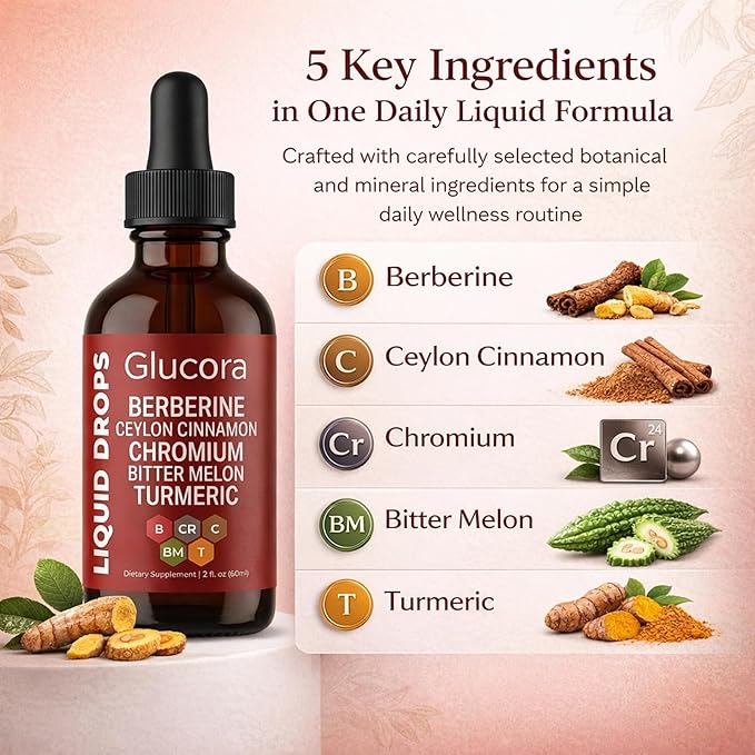 Glucora gotasGlucora Ceylon Cinnamon Berberine Liquid Drops| 10-in-1 Herbal Formula | Sugar-Free Vegan Liquid Supplement | 2 fl oz