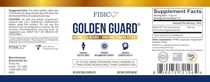 Golden Guard Fisico Turmeric Extract 60 Vegetable Capsules Natural Cell Defense Supplement for Joint Health and Cognitive Support