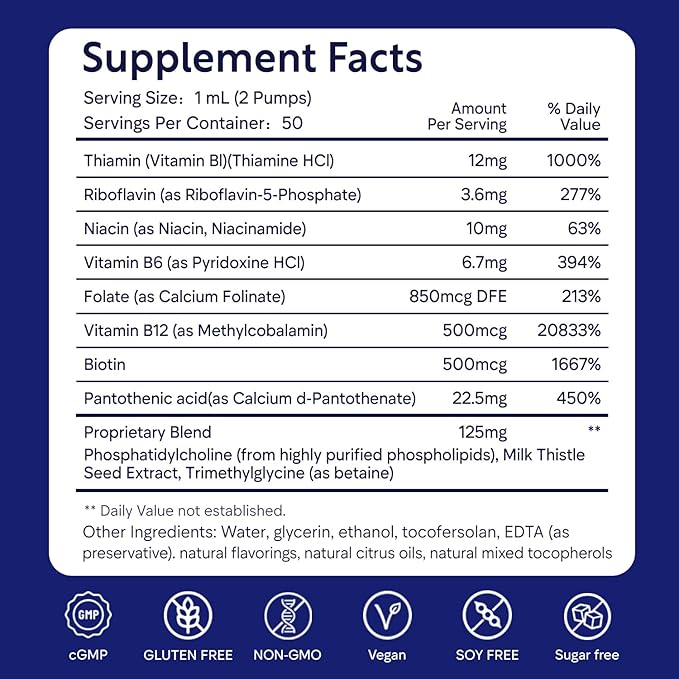 Methylated B Complex Liquid Vitamin - with Liposomal methylated B12 Folate B1 B2 B3 Niacin B6 Biotin TMG &amp Milk Thistle for Detox Metabolic Energy &amp Liver Health 1.7 Fl Oz