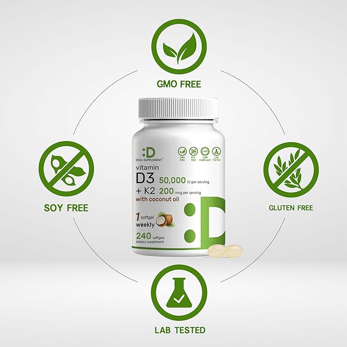 DEAL SUPPLEMENT Vitamin D3 50000 IU + K2 MK7 200mcg Softgels 240 Count | 2-in-1 Complex with Virgin Coconut Oil | Supports Heart Bone Teeth &amp Immune Health | Easy to Swallow
