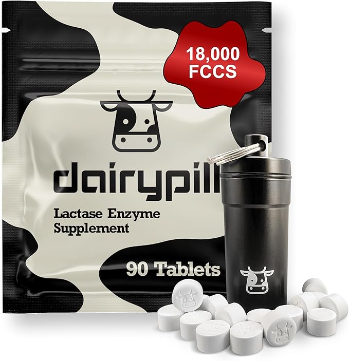 DairyPill Lactase Enzyme 18000 FCCs per Pill 90 Count Solution for Lactose Intolerance Portable Easy to Swallow Preservative and Gluten Free American Made Non GMO
