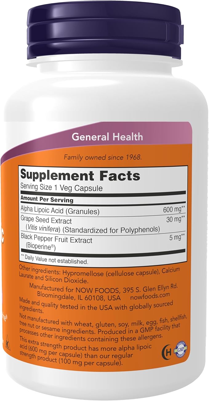 NOW Foods SupplementsAlpha Lipoic Acid 600 mg with Grape Seed Extract &amp Bioperine®Extra Strength120 Veg Capsules(Pack of 2)