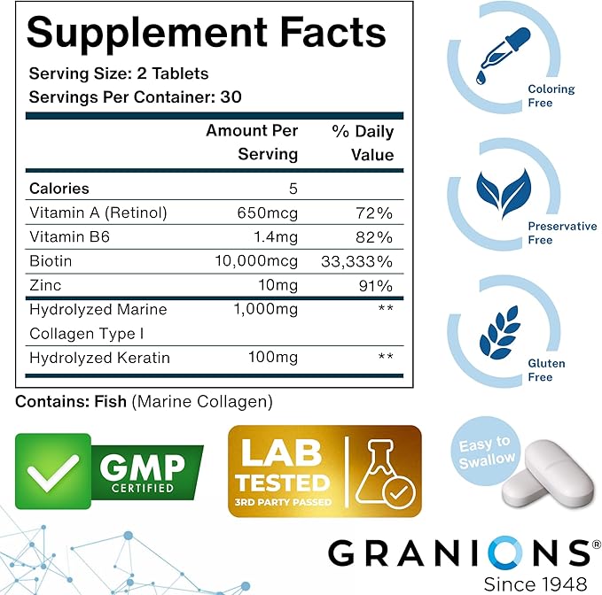 Biotin Collagen Keratin Supplement Hair Growth Tablets – Biotin 10000mcg Marine Collagen Peptides Keratin Retinol Zinc Vitamin B6 - Hair Skin and Nails Complex for Women and Men - 60 Tablets