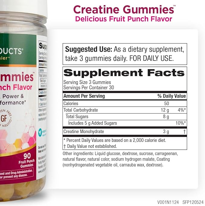 Purity Products Creatine Gummies – 3g Pure Creatine Monohydrate per Serving – Supports Muscle Fiber Growth Strength &amp Recovery – Gluten-Free Fruit Punch Flavor – 90 Gummies