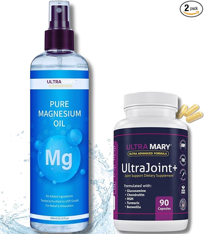 Joint Support UltraMary+(90 Capsules)+Pure Magnesium Oil Spray(300 ml) Combo–Glucosamine 1500mg Chondroitin MSMTurmeric &amp Boswellia–Mobility Flexibility &amp Muscle Relief|Articulaciones &amp