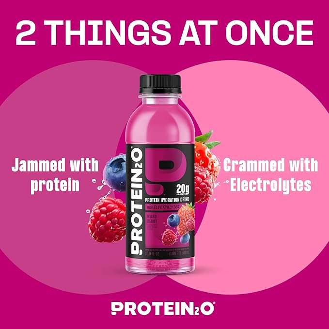 Protein2o Hydration Drink - 2-in-1 Liquid Clear Whey Protein Isolate and Electrolyte Drink - 20g Protein Vitamins B5 B6 - Post-Workout Recovery - 16.9 Fl Oz - 12 Count Mixed Berry