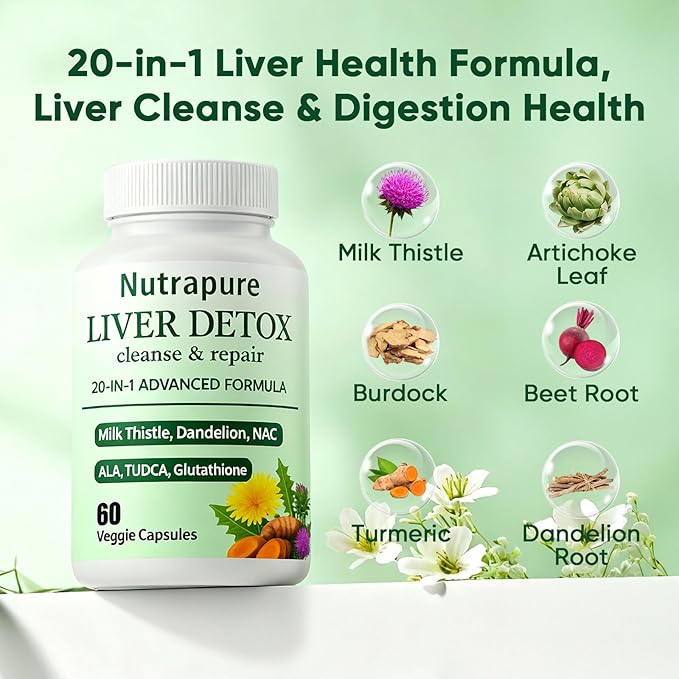 Nutrapure Liver Detox Capsules 20-in-1 Milk Thistle Liver Detox Supplement with Dandelion Root Turmeric Artichoke Leaf &amp More Non-GMO 60 Vegetarian Capsules (1)