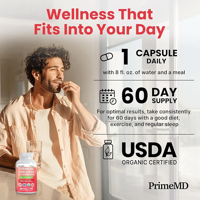 5-in-1 USDA Organic Turmeric Curcumin Supplement - 230mg with Berberine Ceylon Cinnamon Bioperine and Ginger Supplements for Mobility Digestion &amp Wellness Support USDA Organic 60 Servings 1-P