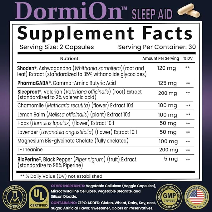 DormiOn™ Sleep + Restore + Stress Supplement | Herbal Sleep Aid for Women &amp Men | No Melatonin Non-Habit Forming | Ashwagandha GABA Valerian &amp Magnesium | Vegan 60 Capsules