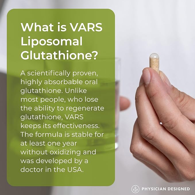 Physician Designed VARS Liposomal Glutathione Capsules - Patented Antioxidant Liquid Dietary Supplement Anti-Aging Detoxification Fortify Immune System Energy Management Skin Brightening 60 count