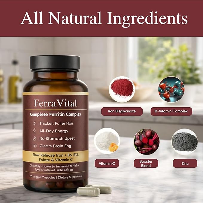 Ferravital Ferritin Support Ferritin Supplement for Women Daily Iron Supplement with Iron Bisglycinate Lactoferrin Vitamin C B12 Gluten Free &amp Non-GMO 60 Capsules (A)